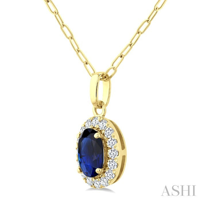 6x4 MM Oval Shape Sapphire and 1/6 Ctw Round Cut Diamond Halo Precious Pendant with Chain in 14K Yellow Gold