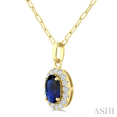 6x4 MM Oval Shape Sapphire and 1/6 Ctw Round Cut Diamond Halo Precious Pendant with Chain in 14K Yellow Gold