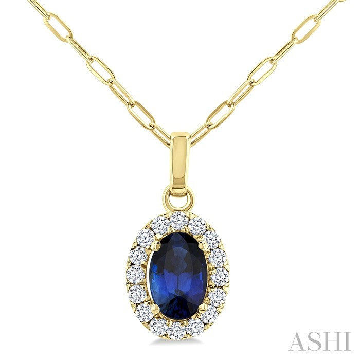 6x4 MM Oval Shape Sapphire and 1/6 Ctw Round Cut Diamond Halo Precious Pendant with Chain in 14K Yellow Gold
