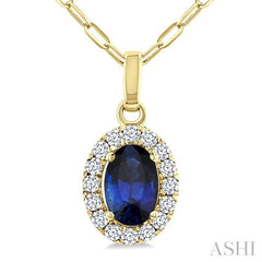 6x4 MM Oval Shape Sapphire and 1/6 Ctw Round Cut Diamond Halo Precious Pendant with Chain in 14K Yellow Gold