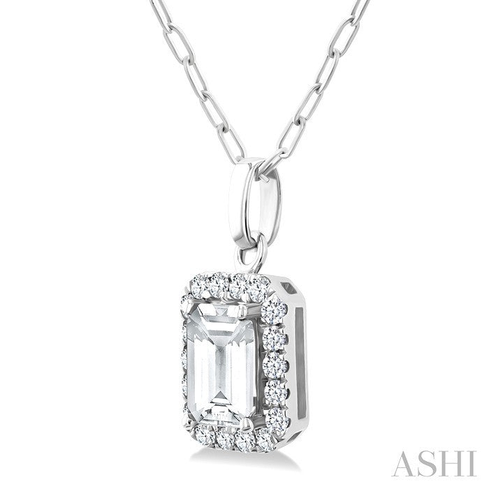 6x4 MM Octagonal Shape White Topaz and 1/6 Ctw Round Cut Diamond Halo Semi-Precious Pendant with Chain in 14K White Gold