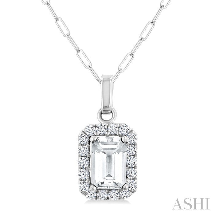 6x4 MM Octagonal Shape White Topaz and 1/6 Ctw Round Cut Diamond Halo Semi-Precious Pendant with Chain in 14K White Gold