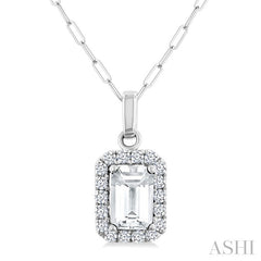 6x4 MM Octagonal Shape White Topaz and 1/6 Ctw Round Cut Diamond Halo Semi-Precious Pendant with Chain in 14K White Gold