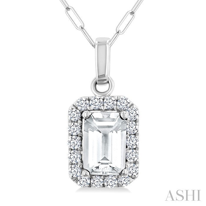 6x4 MM Octagonal Shape White Topaz and 1/6 Ctw Round Cut Diamond Halo Semi-Precious Pendant with Chain in 14K White Gold