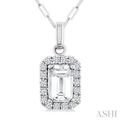 6x4 MM Octagonal Shape White Topaz and 1/6 Ctw Round Cut Diamond Halo Semi-Precious Pendant with Chain in 14K White Gold