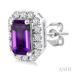 5x3 MM Octagonal Shape Amethyst and 1/8 Ctw Round Cut Diamond Halo Semi-Precious Stud Earrings in 14K White Gold