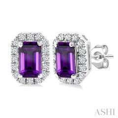 5x3 MM Octagonal Shape Amethyst and 1/8 Ctw Round Cut Diamond Halo Semi-Precious Stud Earrings in 14K White Gold