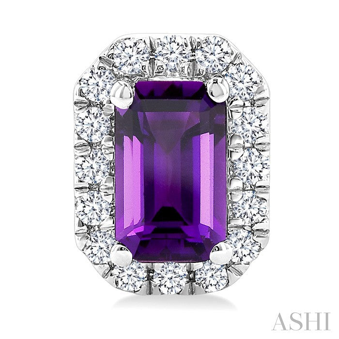 5x3 MM Octagonal Shape Amethyst and 1/8 Ctw Round Cut Diamond Halo Semi-Precious Stud Earrings in 14K White Gold