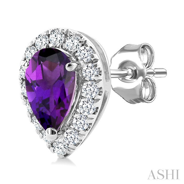 5x3 MM Pear Shape Amethyst and 1/8 Ctw Round Cut Diamond Halo Semi-Precious Stud Earrings in 14K White Gold