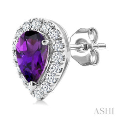 5x3 MM Pear Shape Amethyst and 1/8 Ctw Round Cut Diamond Halo Semi-Precious Stud Earrings in 14K White Gold