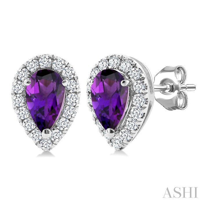 5x3 MM Pear Shape Amethyst and 1/8 Ctw Round Cut Diamond Halo Semi-Precious Stud Earrings in 14K White Gold