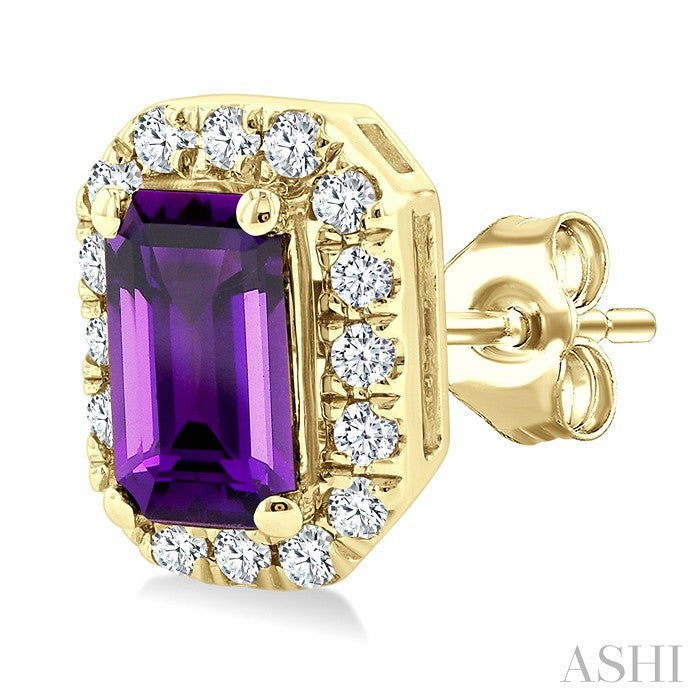 5x3 MM Octagonal Shape Amethyst and 1/8 Ctw Round Cut Diamond Halo Semi-Precious Stud Earrings in 14K Yellow Gold