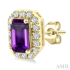 5x3 MM Octagonal Shape Amethyst and 1/8 Ctw Round Cut Diamond Halo Semi-Precious Stud Earrings in 14K Yellow Gold