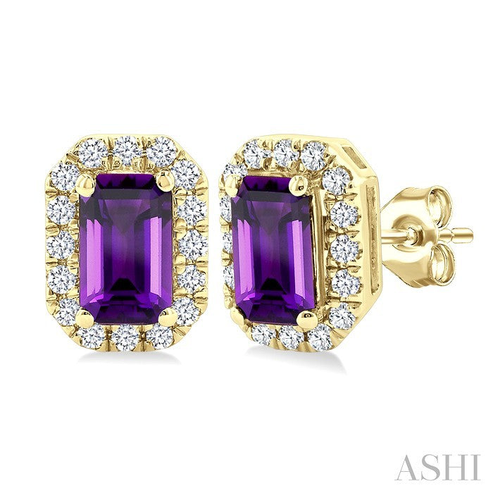 5x3 MM Octagonal Shape Amethyst and 1/8 Ctw Round Cut Diamond Halo Semi-Precious Stud Earrings in 14K Yellow Gold