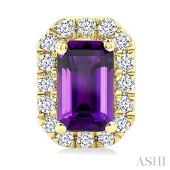 5x3 MM Octagonal Shape Amethyst and 1/8 Ctw Round Cut Diamond Halo Semi-Precious Stud Earrings in 14K Yellow Gold