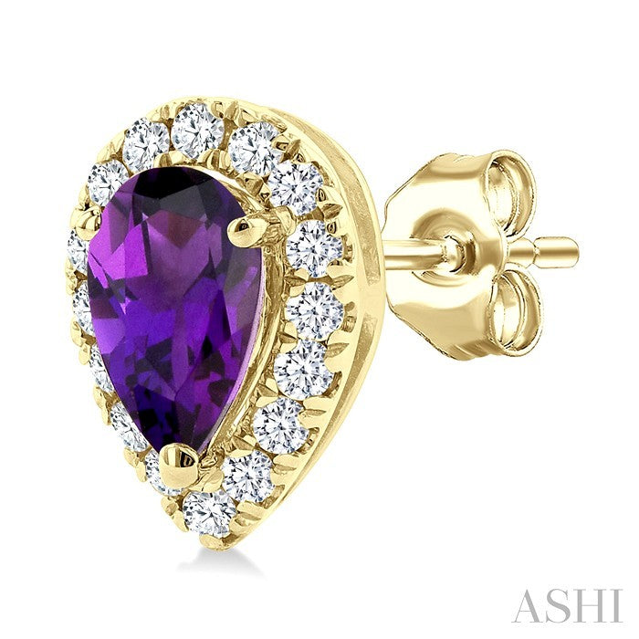 5x3 MM Pear Shape Amethyst and 1/8 Ctw Round Cut Diamond Halo Semi-Precious Stud Earrings in 14K Yellow Gold