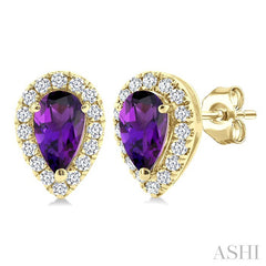 5x3 MM Pear Shape Amethyst and 1/8 Ctw Round Cut Diamond Halo Semi-Precious Stud Earrings in 14K Yellow Gold