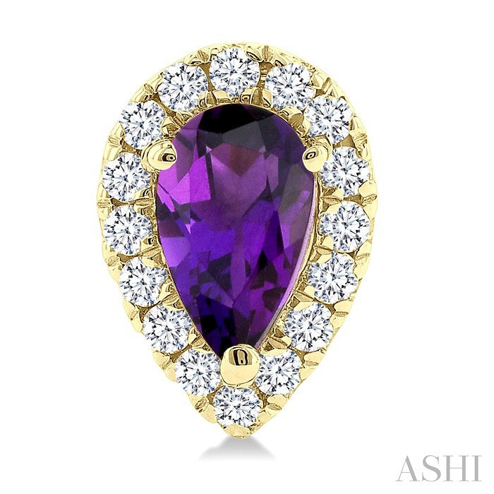 5x3 MM Pear Shape Amethyst and 1/8 Ctw Round Cut Diamond Halo Semi-Precious Stud Earrings in 14K Yellow Gold