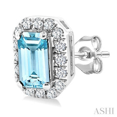 5x3 MM Octagonal Shape Aquamarine and 1/8 Ctw Round Cut Diamond Halo Semi-Precious Stud Earrings in 14K White Gold