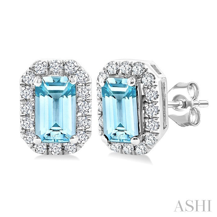 5x3 MM Octagonal Shape Aquamarine and 1/8 Ctw Round Cut Diamond Halo Semi-Precious Stud Earrings in 14K White Gold