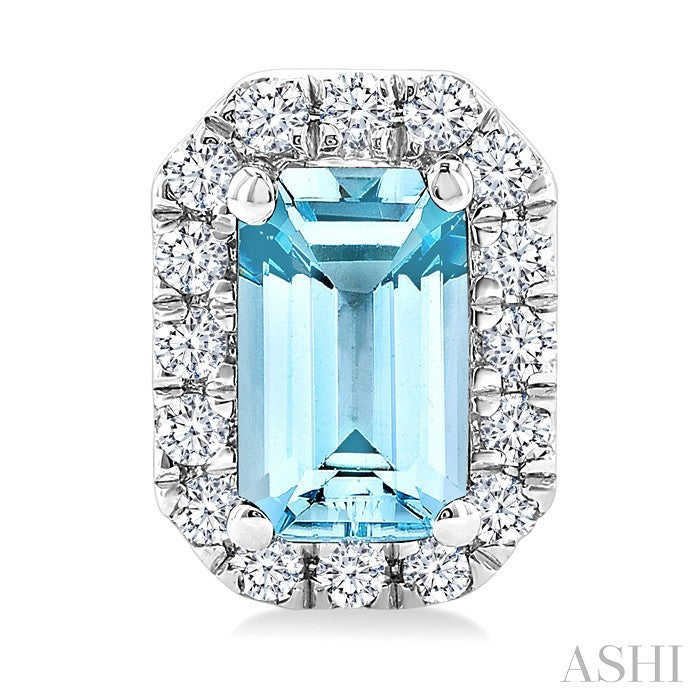 5x3 MM Octagonal Shape Aquamarine and 1/8 Ctw Round Cut Diamond Halo Semi-Precious Stud Earrings in 14K White Gold