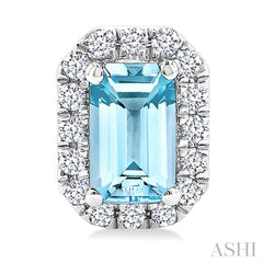 5x3 MM Octagonal Shape Aquamarine and 1/8 Ctw Round Cut Diamond Halo Semi-Precious Stud Earrings in 14K White Gold