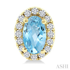 5x3 MM Oval Shape Aquamarine and 1/8 Ctw Round Cut Diamond Halo Semi-Precious Stud Earrings in 14K Yellow Gold