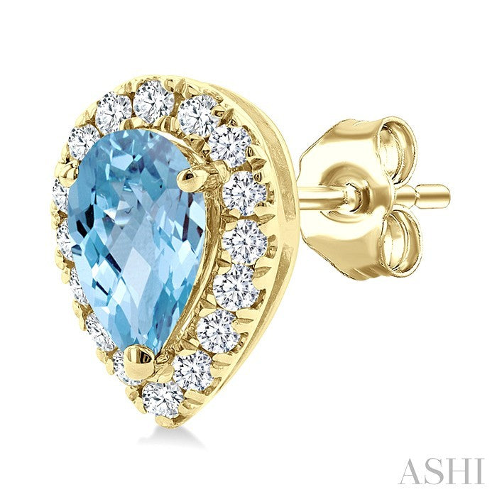 5x3 MM Pear Shape Aquamarine and 1/8 Ctw Round Cut Diamond Halo Semi-Precious Stud Earrings in 14K Yellow Gold