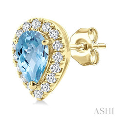 5x3 MM Pear Shape Aquamarine and 1/8 Ctw Round Cut Diamond Halo Semi-Precious Stud Earrings in 14K Yellow Gold