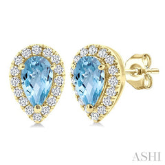 5x3 MM Pear Shape Aquamarine and 1/8 Ctw Round Cut Diamond Halo Semi-Precious Stud Earrings in 14K Yellow Gold
