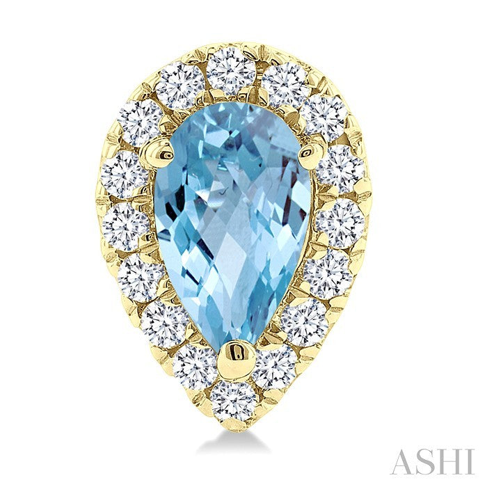 5x3 MM Pear Shape Aquamarine and 1/8 Ctw Round Cut Diamond Halo Semi-Precious Stud Earrings in 14K Yellow Gold