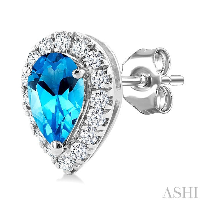 5x3 MM Pear Shape Blue Topaz and 1/8 Ctw Round Cut Diamond Halo Semi-Precious Stud Earrings in 14K White Gold