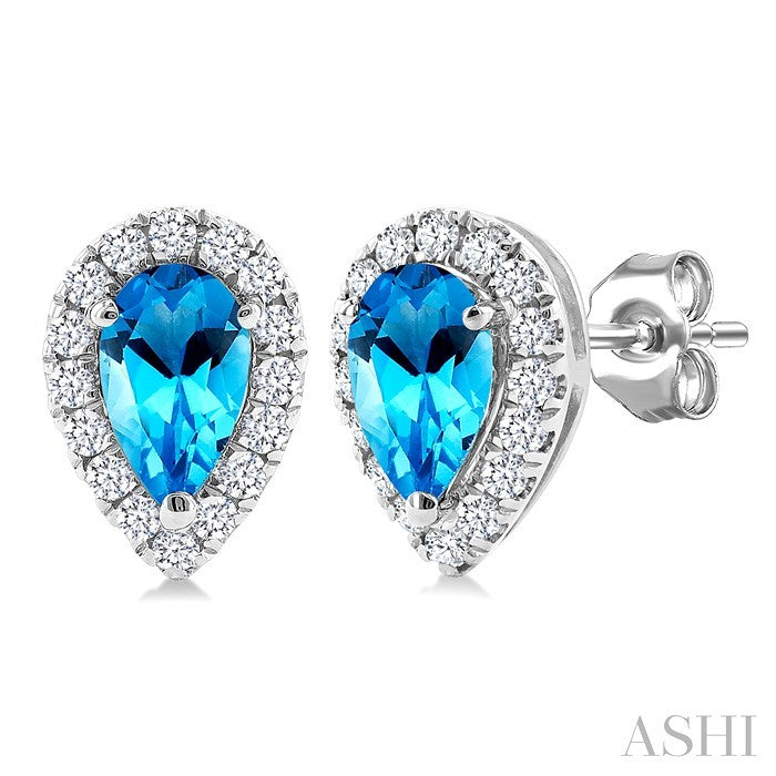 5x3 MM Pear Shape Blue Topaz and 1/8 Ctw Round Cut Diamond Halo Semi-Precious Stud Earrings in 14K White Gold