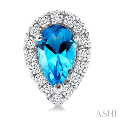 5x3 MM Pear Shape Blue Topaz and 1/8 Ctw Round Cut Diamond Halo Semi-Precious Stud Earrings in 14K White Gold