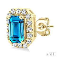 5x3 MM Octagonal Shape Blue Topaz and 1/8 Ctw Round Cut Diamond Halo Semi-Precious Stud Earrings in 14K Yellow Gold