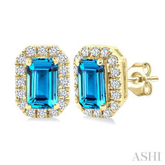 5x3 MM Octagonal Shape Blue Topaz and 1/8 Ctw Round Cut Diamond Halo Semi-Precious Stud Earrings in 14K Yellow Gold
