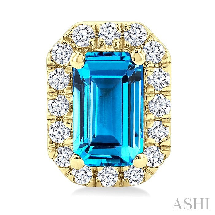 5x3 MM Octagonal Shape Blue Topaz and 1/8 Ctw Round Cut Diamond Halo Semi-Precious Stud Earrings in 14K Yellow Gold