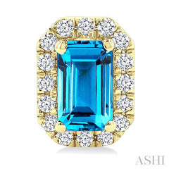 5x3 MM Octagonal Shape Blue Topaz and 1/8 Ctw Round Cut Diamond Halo Semi-Precious Stud Earrings in 14K Yellow Gold