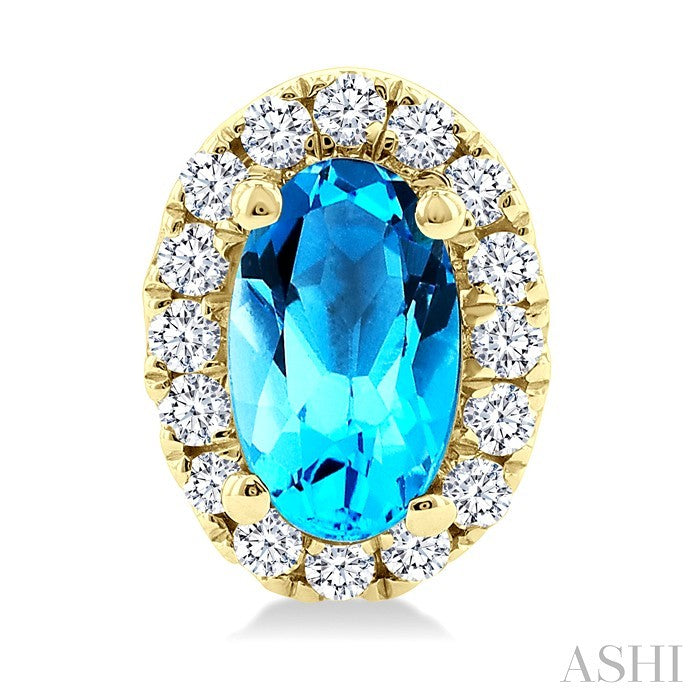 5x3 MM Oval Shape Blue Topaz and 1/8 Ctw Round Cut Diamond Halo Semi-Precious Stud Earrings in 14K Yellow Gold
