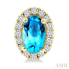 5x3 MM Oval Shape Blue Topaz and 1/8 Ctw Round Cut Diamond Halo Semi-Precious Stud Earrings in 14K Yellow Gold