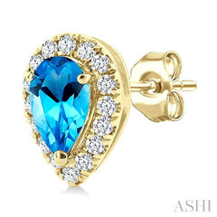5x3 MM Pear Shape Blue Topaz and 1/8 Ctw Round Cut Diamond Halo Semi-Precious Stud Earrings in 14K Yellow Gold