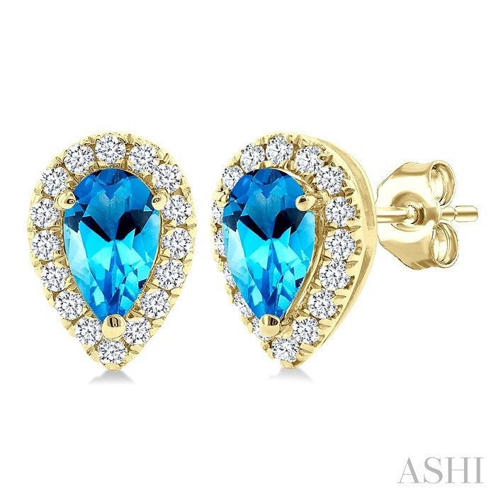 5x3 MM Pear Shape Blue Topaz and 1/8 Ctw Round Cut Diamond Halo Semi-Precious Stud Earrings in 14K Yellow Gold