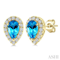 5x3 MM Pear Shape Blue Topaz and 1/8 Ctw Round Cut Diamond Halo Semi-Precious Stud Earrings in 14K Yellow Gold