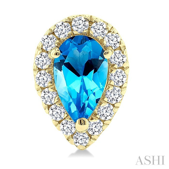 5x3 MM Pear Shape Blue Topaz and 1/8 Ctw Round Cut Diamond Halo Semi-Precious Stud Earrings in 14K Yellow Gold