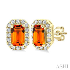 5x3 MM Octagonal Shape Citrine and 1/8 Ctw Round Cut Diamond Halo Semi-Precious Stud Earrings in 14K Yellow Gold