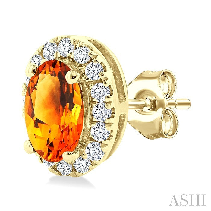 5x3 MM Oval Shape Citrine and 1/8 Ctw Round Cut Diamond Halo Semi-Precious Stud Earrings in 14K Yellow Gold