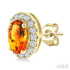 5x3 MM Oval Shape Citrine and 1/8 Ctw Round Cut Diamond Halo Semi-Precious Stud Earrings in 14K Yellow Gold