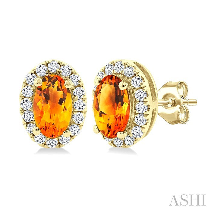 5x3 MM Oval Shape Citrine and 1/8 Ctw Round Cut Diamond Halo Semi-Precious Stud Earrings in 14K Yellow Gold