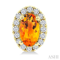 5x3 MM Oval Shape Citrine and 1/8 Ctw Round Cut Diamond Halo Semi-Precious Stud Earrings in 14K Yellow Gold