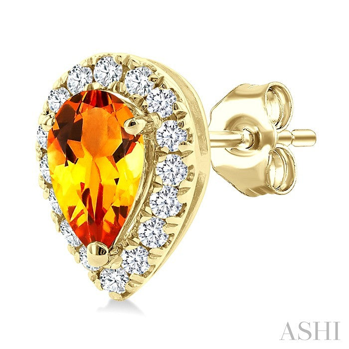 5x3 MM Pear Shape Citrine and 1/8 Ctw Round Cut Diamond Halo Semi-Precious Stud Earrings in 14K Yellow Gold
